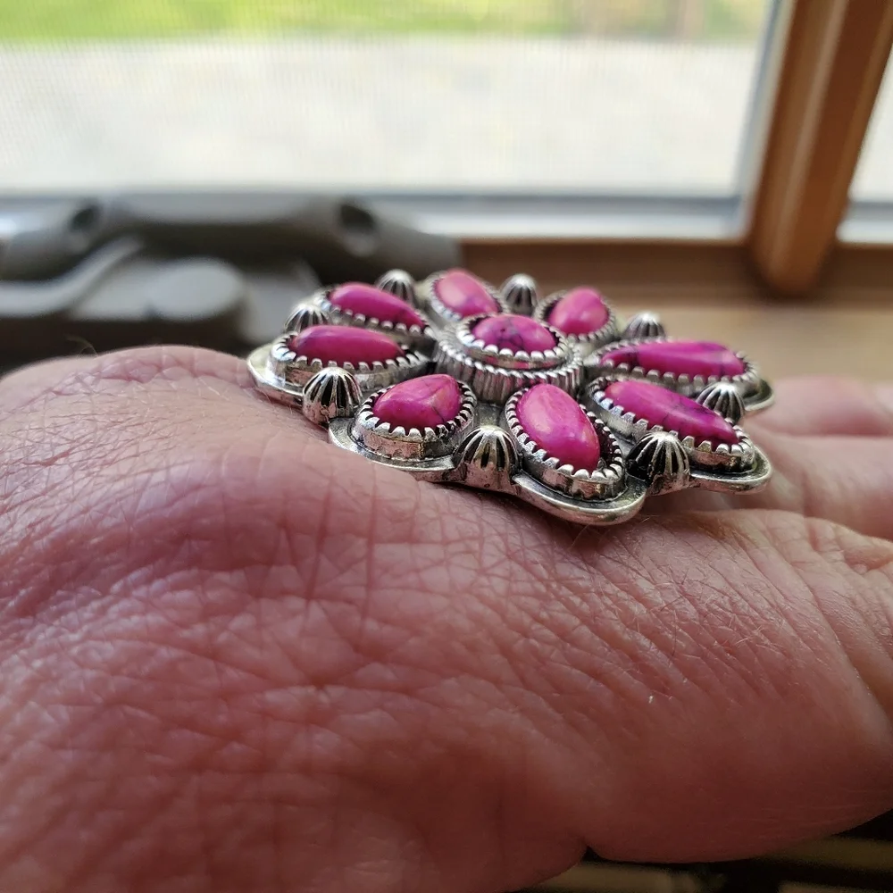 Free Spirit Boho Native South Western People Pink Stone Beaded Flower Ring